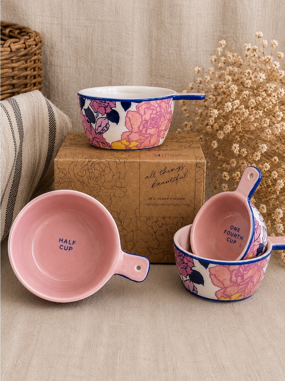 NIB M.E. Happy Home Floral Ceramic Nesting Measuring Cups Set